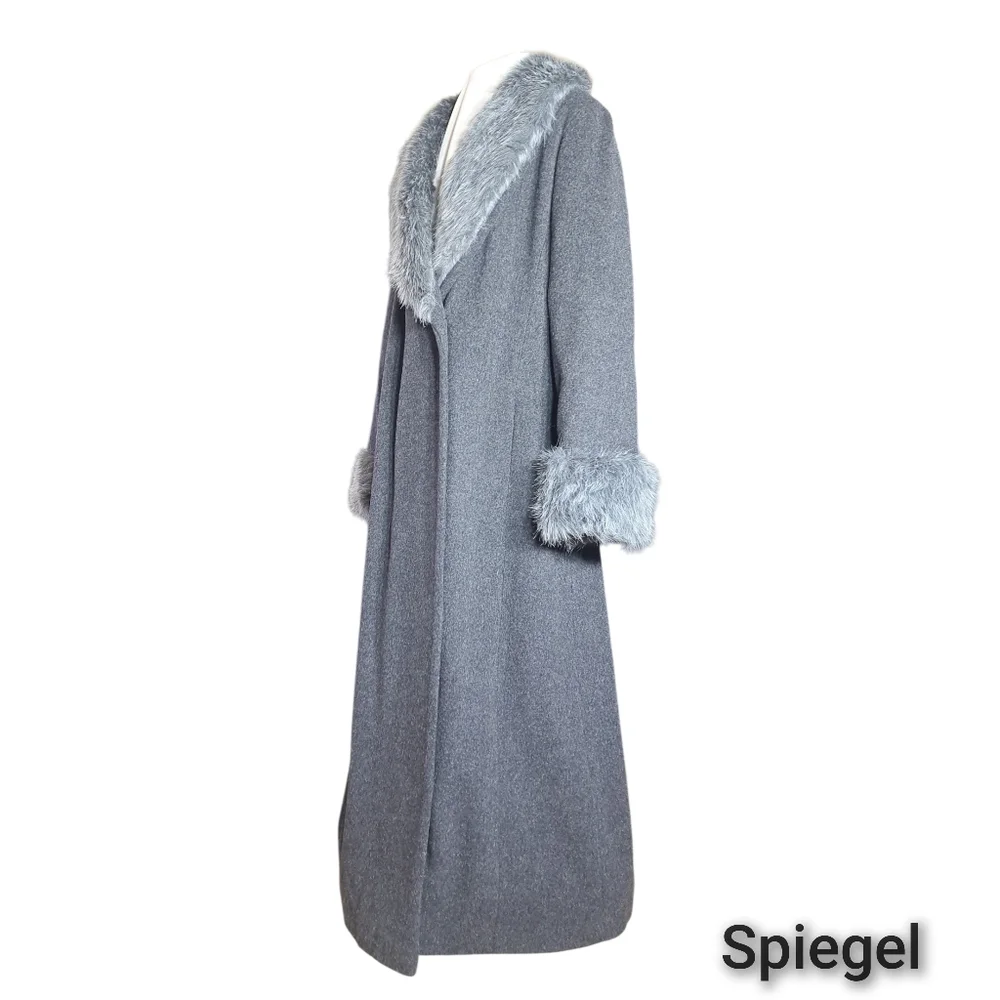Blushe by Spiegel Grey Long Wool Coat Faux Fur Collar Cuffs Size 12 USA
